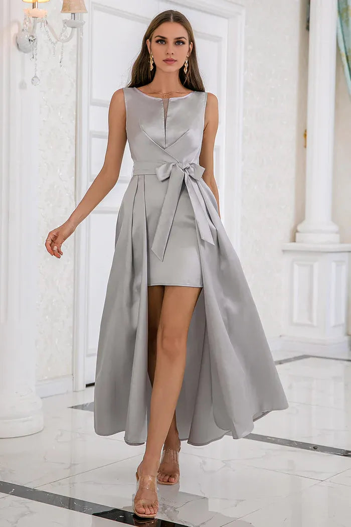 Weitese Dress Cold Shoulder Grey High-low Bodycon Party Dress Satin Solid Color Prom Dress